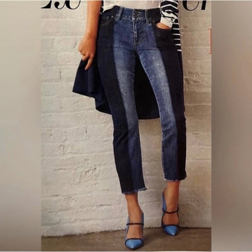 Cabi Jeans Hi-Low Crop Two Tone Colorblock Frayed Hem Denim Blue Sz 6 Streetwear